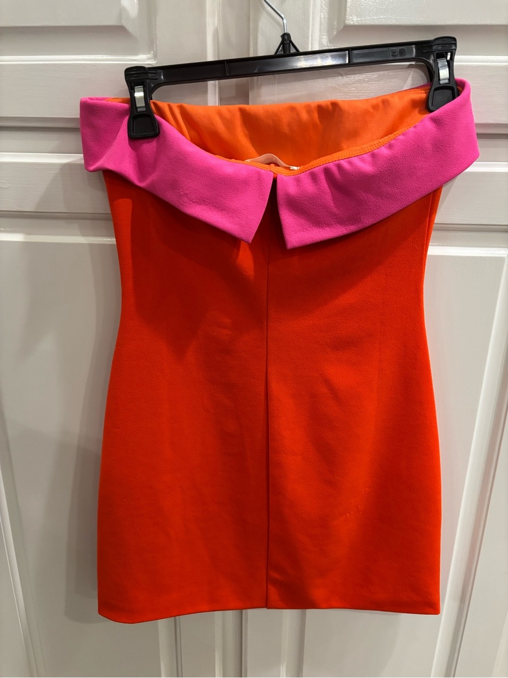 Strapless Orange Mini Dress with Pink Foldover Neckline by boutique brand Klesis - Picture 2 of 7